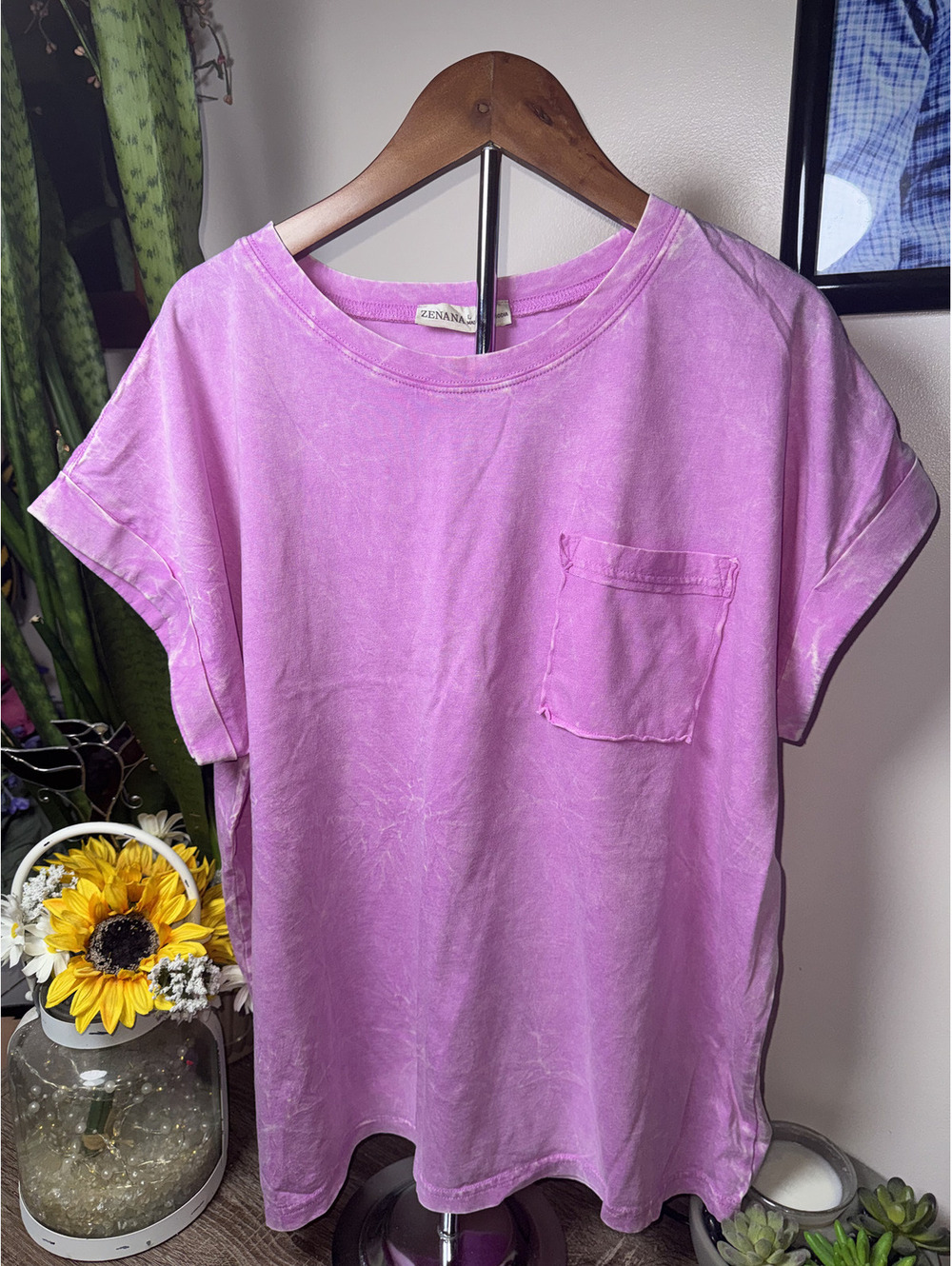 Zenana Mineral Wash Cap Sleeve Pocket Tee in Bright Mauve, Size Large